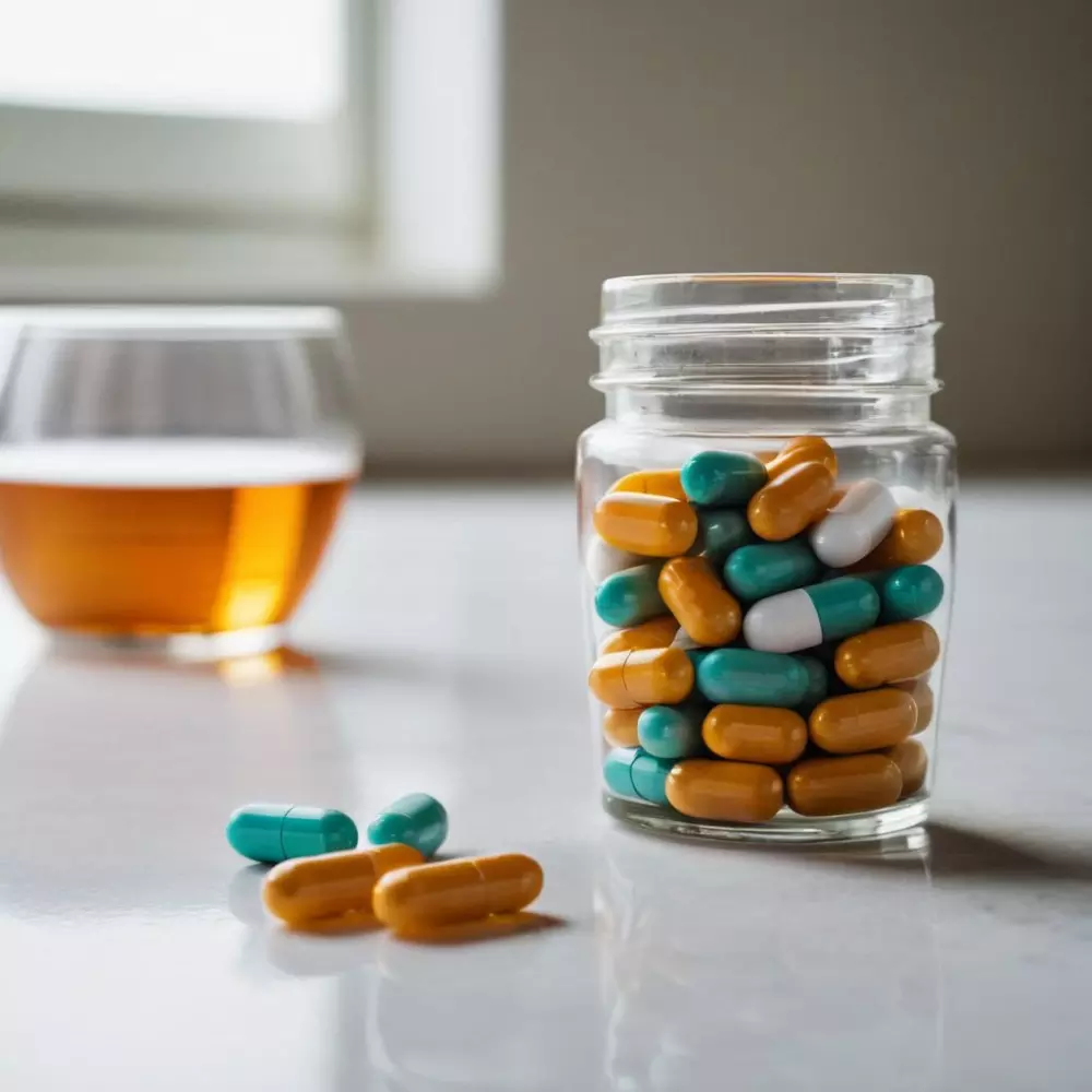 Eine ordentliche Anordnung verschiedener Appetitzügler-Pillen neben einem Glas Wasser und einem täglichen Pillenorganisator auf einem sauberen Tisch in einer hellen Innenraumumgebung, symbolisiert Organisation und Gesundheit. Fotografisch festgehalten mit einer DSLR und einem Makro-Objektiv, um die Textur und Farbe der Pillen einzufangen.