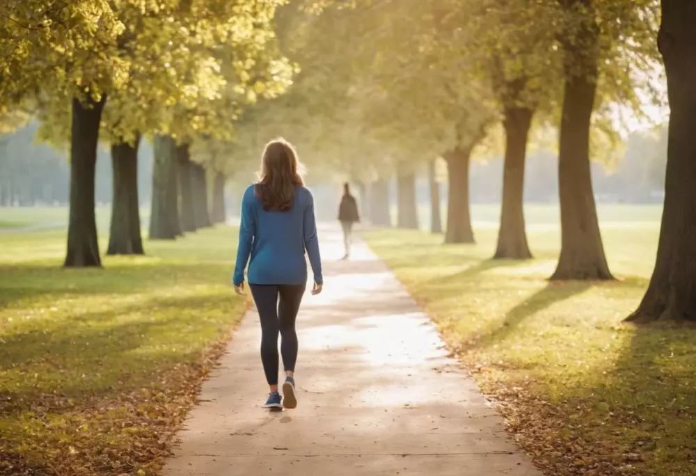 Una persona caminando lentamente en un entorno tranquilo de parque, vistiendo ropa cómoda y con un ligero enfoque en sus piernas, capturada en la luz natural de la mañana en una fotografía de alta resolución para sugerir actividades físicas seguras durante la recuperación postliposucción.