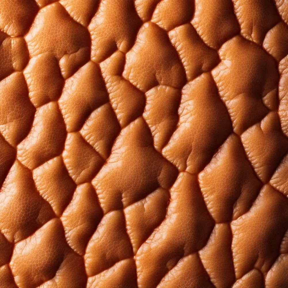 Primer plano de la piel humana mostrando celulitis, con una textura detallada visible, a la luz natural para resaltar la condición de la piel, fotografiado con un lente macro para capturar la textura detallada de la piel en alta resolución.
