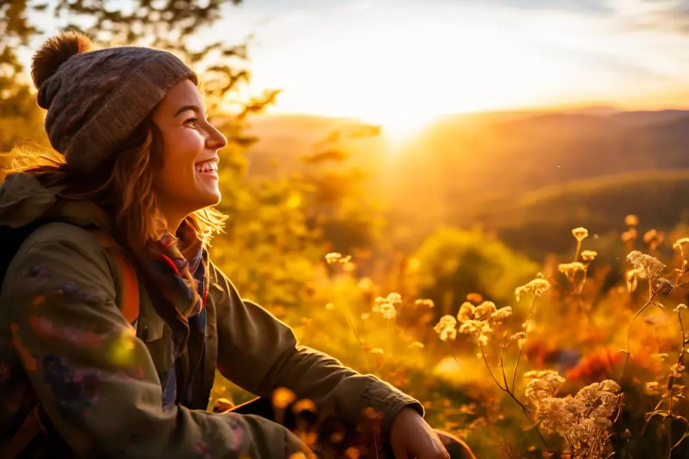 Ein ehrlicher, freudiger Moment einer Person, die Outdoor-Aktivitäten genießt, der Freiheit und hohe Lebensqualität symbolisiert, mit lebendigen Farben, aufgenommen im goldenen Stunde Licht, fotografisch mit einem Weitwinkelobjektiv.