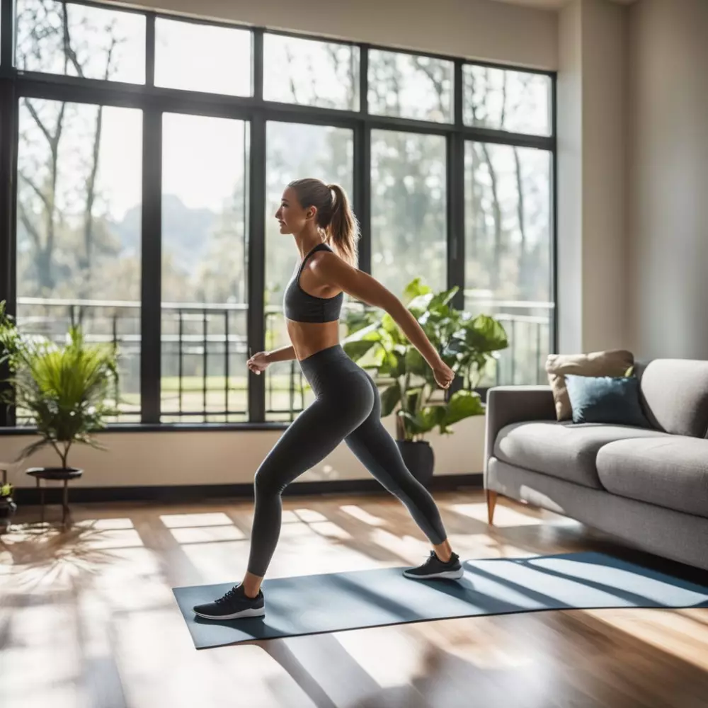 Eine Person führt ein dynamisches Training zu Hause durch, konzentriert und engagiert, in einem hellen, modernen Wohnzimmer. Ein dynamischer Action-Shot mit klarem Fokus und natürlichem Innenlicht.