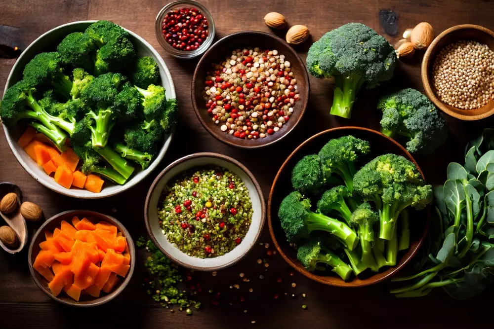 Eine ordentlich angeordnete Auswahl an kalorienarmen Zutaten wie Brokkoli, Karotten und Quinoa in kleinen Schüsseln auf einer Holzoberfläche, in einer gut beleuchteten Küchenumgebung, die Frische und Vielfalt zeigt. Fotografie, Aufnahme von oben und natürlichem Licht für einen lebendigen Look.