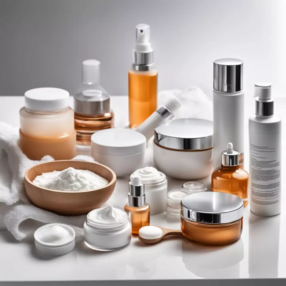 Eine Sammlung von Cellulite-Behandlungsprodukten, darunter Cremes, Massiergeräte und ein modernes medizinisches Gerät auf einer sauberen weißen Oberfläche. Fotografisch klar und detailliert mit Fokus auf den Produkten.