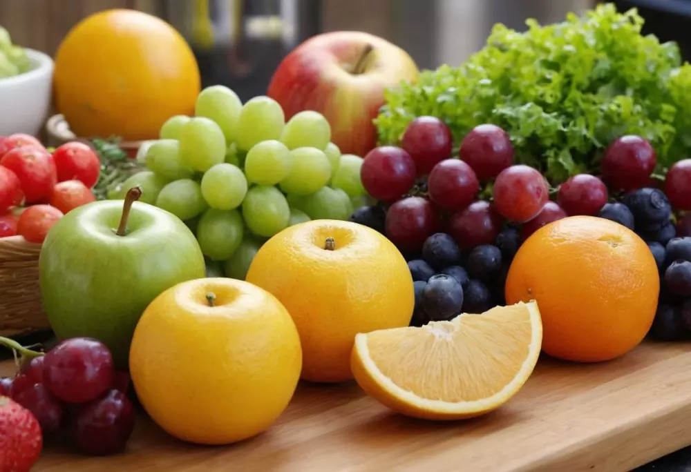 Frutas y verduras coloridas dispuestas de forma hermosa en una mesa, entorno de cocina, fotografía, toma en primer plano con un lente de enfoque nítido, iluminación natural brillante resaltando la frescura de los alimentos.