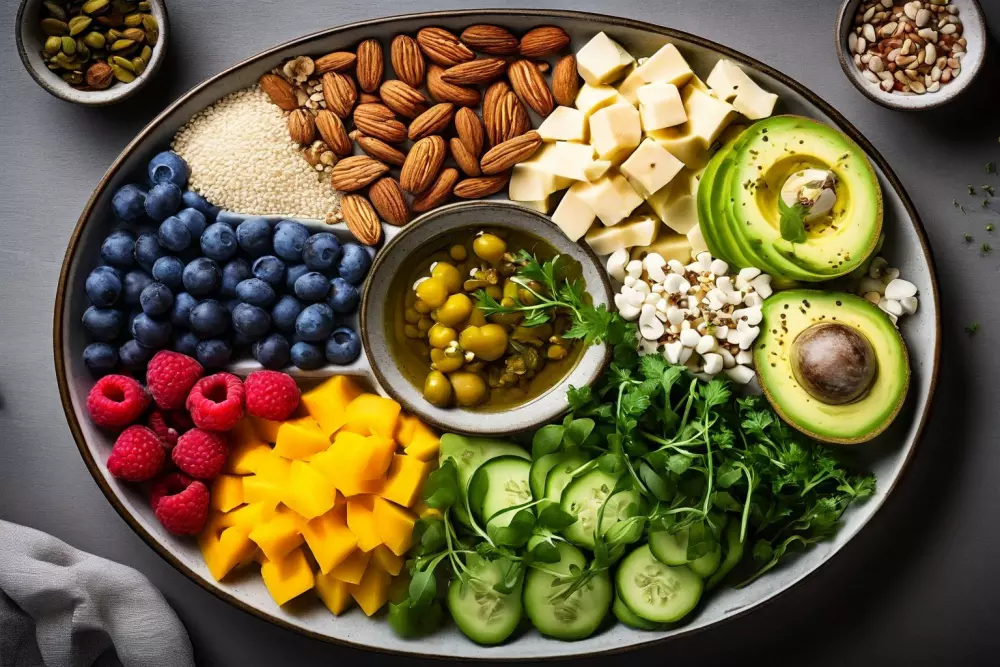 Ein Teller, der in Abschnitte für Proteine, Fette und Kohlenhydrate unterteilt ist, jeder Abschnitt gefüllt mit passenden Lebensmitteln, saubere und organisierte Präsentation, fotografisch festgehalten in einem hochauflösenden Top-View-Foto mit natürlichem Licht.