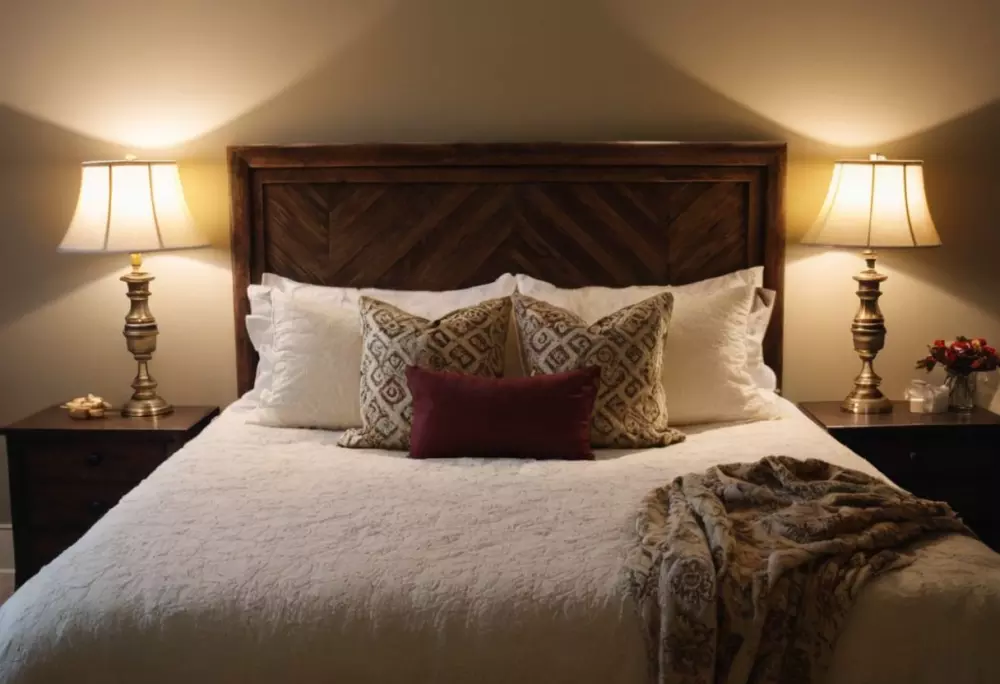 Eine ruhige und friedliche Schlafzimmerszene mit weicher Bettwäsche und gedämpftem Licht, die eine ruhige Schlafumgebung nahelegt, fotografischer Stil, Weitwinkelaufnahme mit einem 35mm-Objektiv, das das Umgebungslicht einfängt.