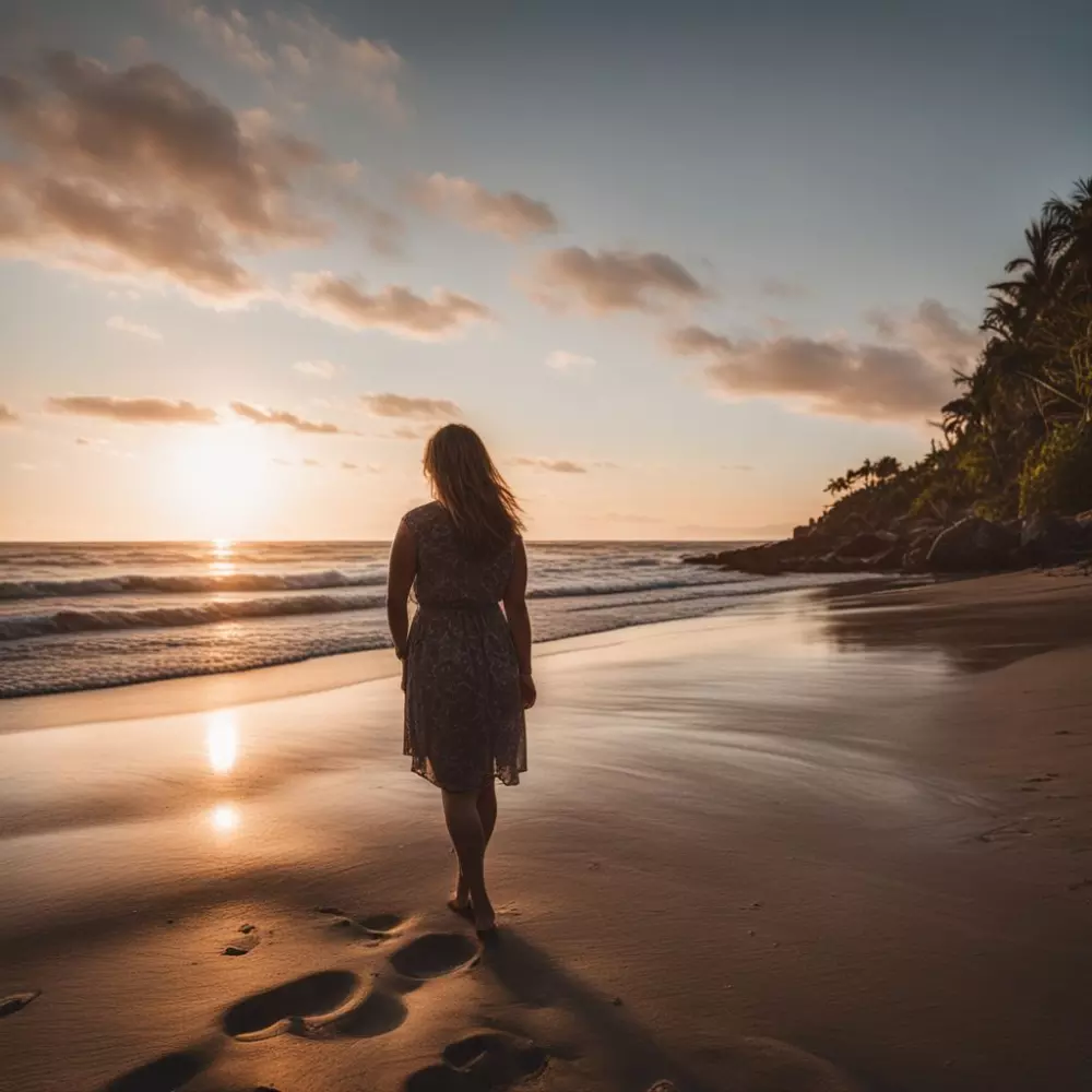 Ein berührendes Bild einer Frau, die am Strand steht, auf das Meer schaut, die Hände in die Hüften gestemmt, ihren Körper umarmend, in einer ruhigen und inspirierenden Umgebung mit Sonnenuntergangslicht, eingefangen in einem hochauflösenden fotografischen Stil mit einem Weitwinkelobjektiv.