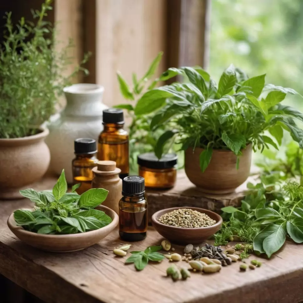 Una colección de hierbas naturales y suplementos en una mesa de madera, rodeada de plantas verdes, bajo una luz suave del día. Fotografía detallada en primer plano que enfatiza las texturas y colores naturales.
