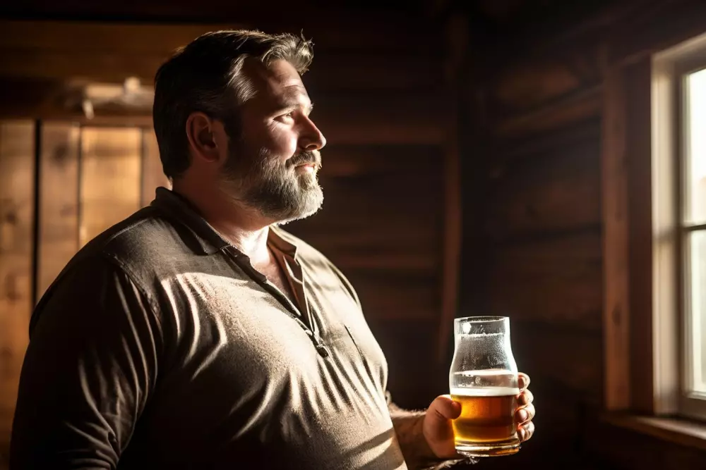 Mittelalter Mann mit einem herausstehenden Bauch, der seitlich in einem einfachen Innenraum steht und die typischen Merkmale eines Bierbauchs zeigt. Fotografischer Stil, aufgenommen mit einem 35mm-Objektiv, natürliches Innenlicht.