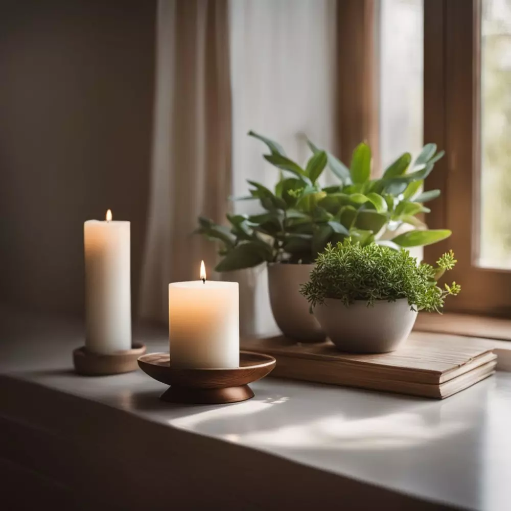 Eine ruhige Umgebung mit beruhigenden Elementen wie einer Kerze und einer kleinen Pflanze, die Vorbereitung und Gelassenheit repräsentieren, in weichem, warmem Licht, fotografischer Stil.