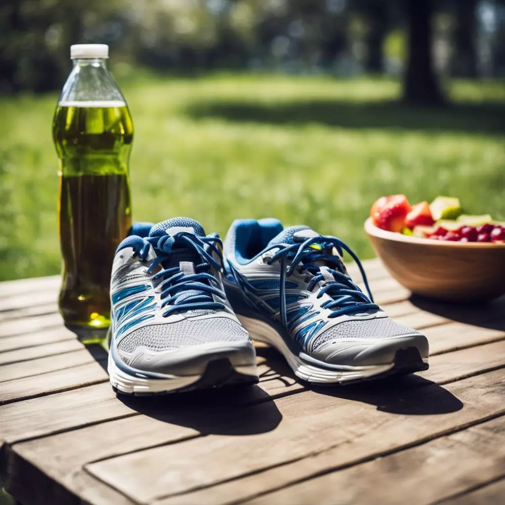 A pair of running shoes next to a healthy meal, representing weight maintenance, outdoor setting, Photographic, high-resolution image with natural light.