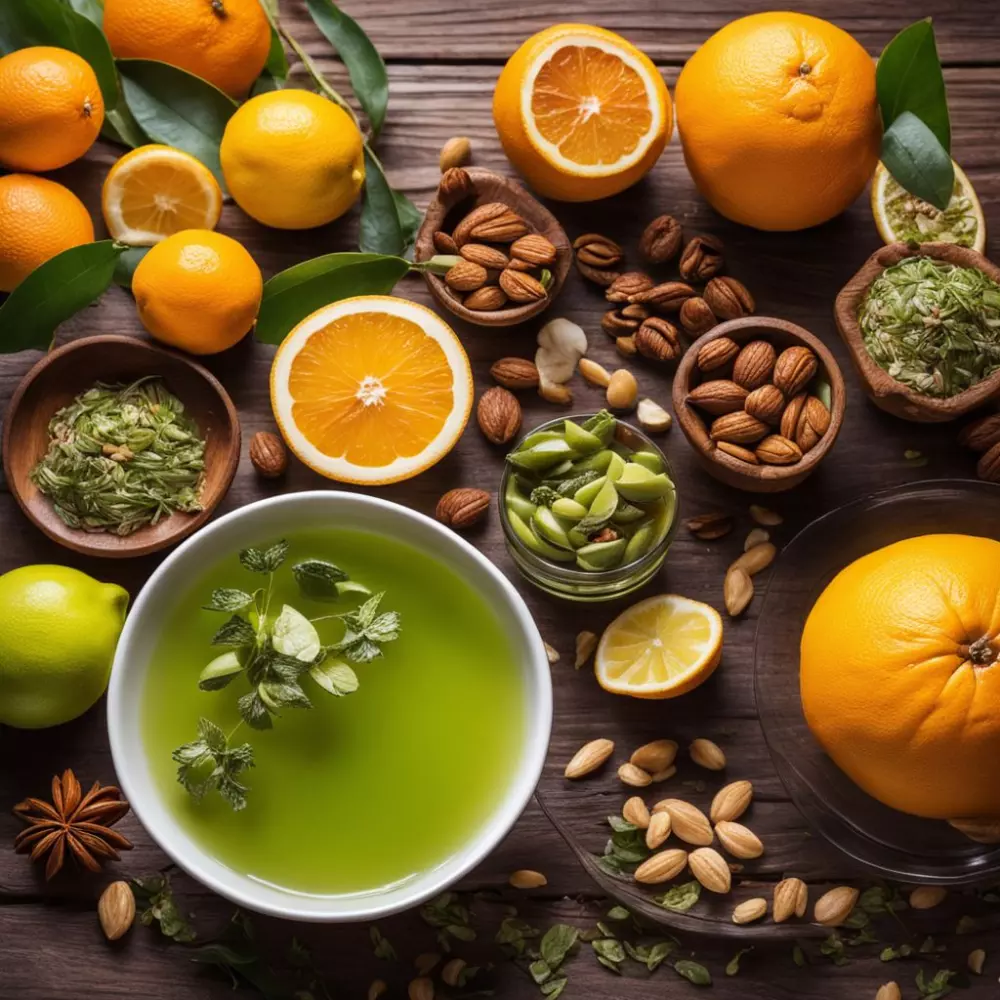 Eine Vielzahl von fettverbrennenden Lebensmitteln wie grünem Tee, Zitrusfrüchten und Nüssen, kunstvoll auf einem Holztisch präsentiert, fotografisch festgehalten in einer Nahaufnahme mit hoher Auflösung, lebendigen Farben und natürlichem Licht.