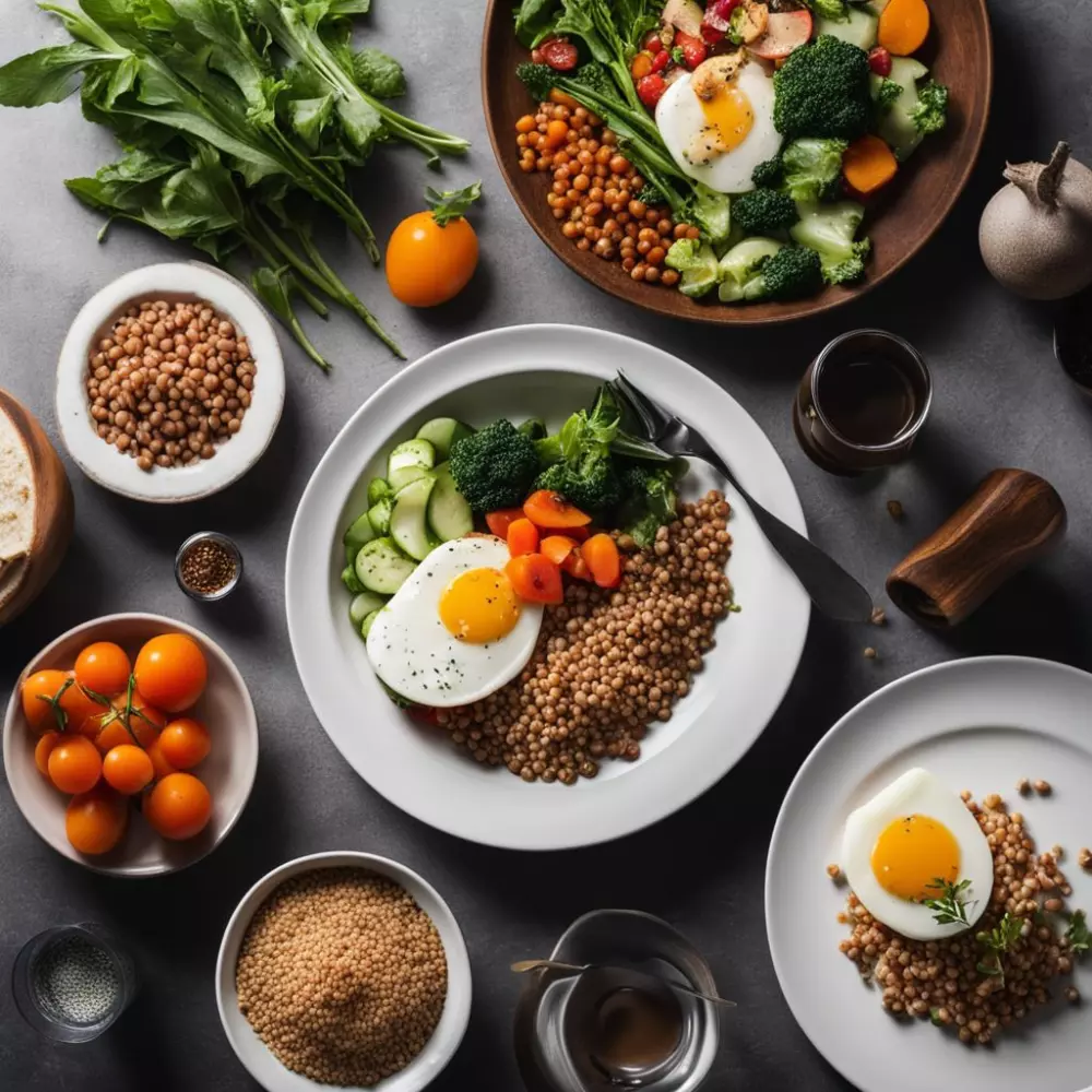 Ein wunderschön angerichtetes ausgewogenes Mahl bestehend aus Proteinen, Gemüse und Getreide, auf einem modernen Esstisch, unter weichem, natürlichem Licht, fotografisch festgehalten, Fotografie mit scharfem Fokus und weichem Licht.