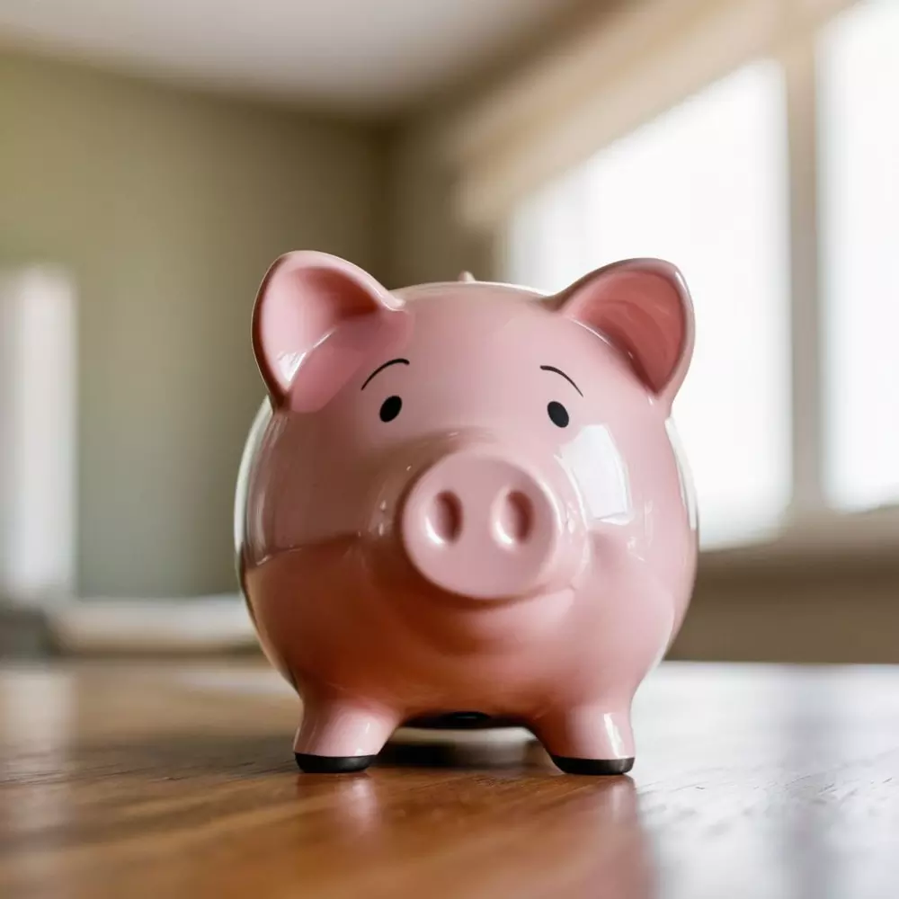 Ein Sparschwein in einer weichen, warmen Umgebung, das finanzielle Planung und Ersparnisse symbolisiert, mit Fokus auf dem Sparschwein, im hellen, natürlichen Licht, fotografischer Stil.