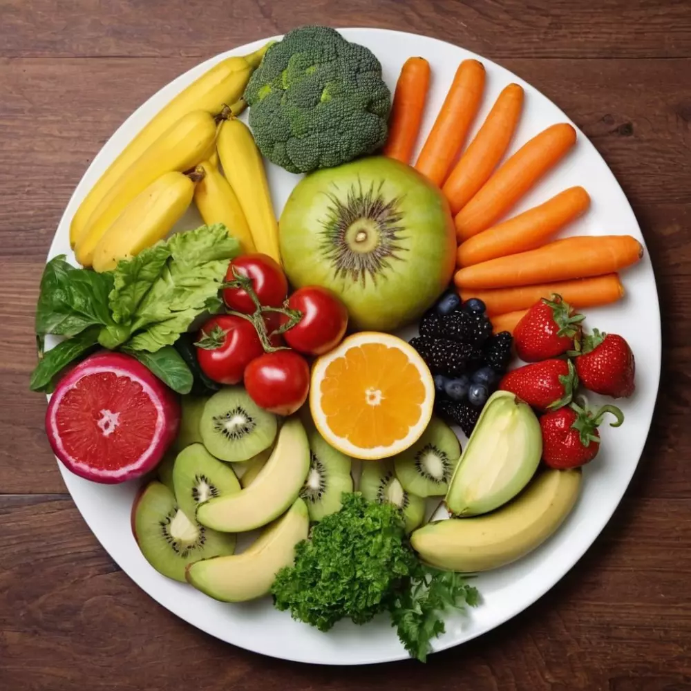 Gesunde ausgewogene Ernährung, bunte Gemüse, Früchte und Proteine ordentlich auf einem Teller arrangiert, drinnen bei Tageslicht, fotografisches, hochauflösendes Bild, das die Frische und Farben der Lebensmittel einfängt.
