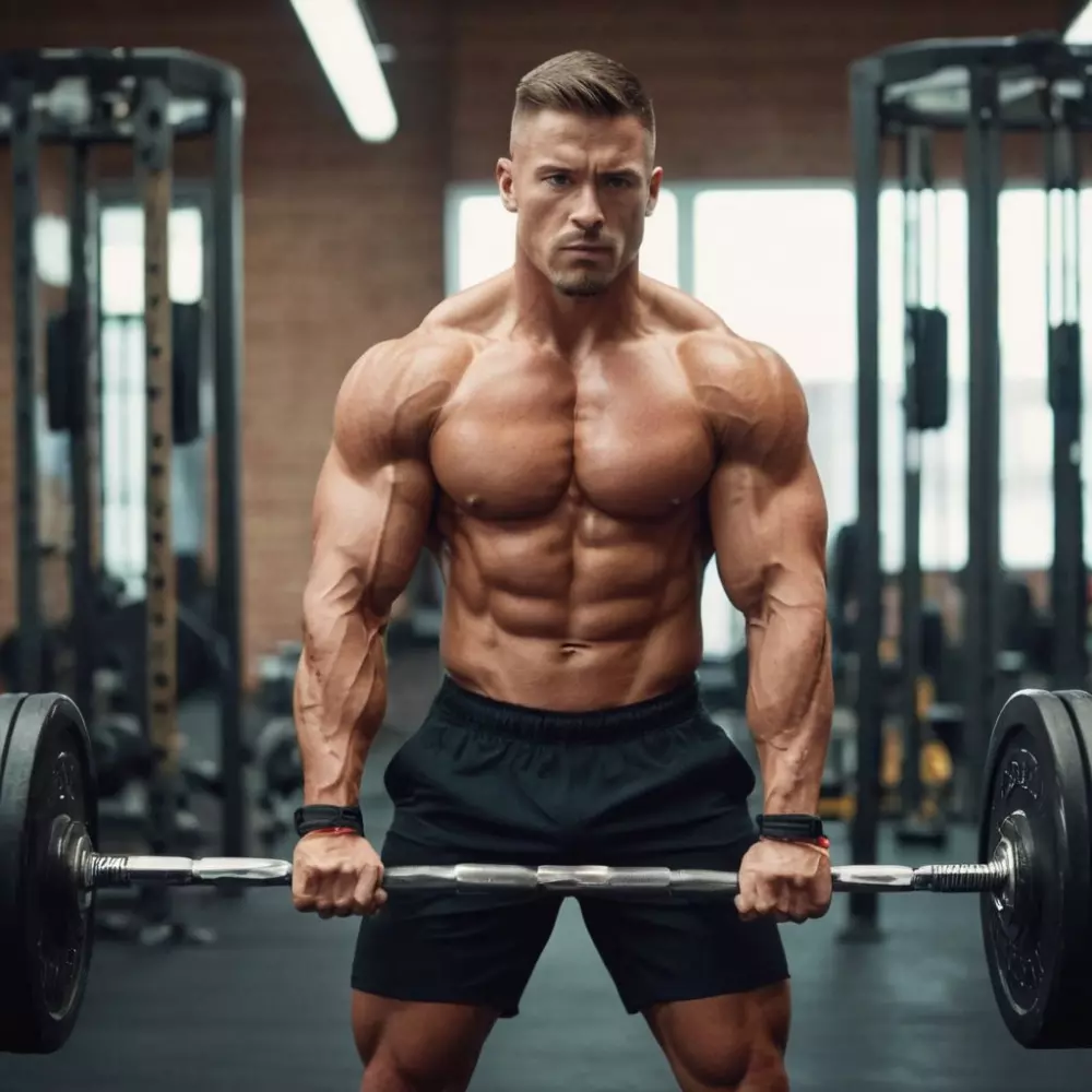 Eine muskulöse Person, die Gewichte in einem Fitnessstudio hebt, mit konzentriertem und entschlossenem Blick, zeigt definierte Muskeln, drinnen, fotografischer Stil, Nahaufnahme mit einem kurzen Teleobjektiv und Studio-Beleuchtung.