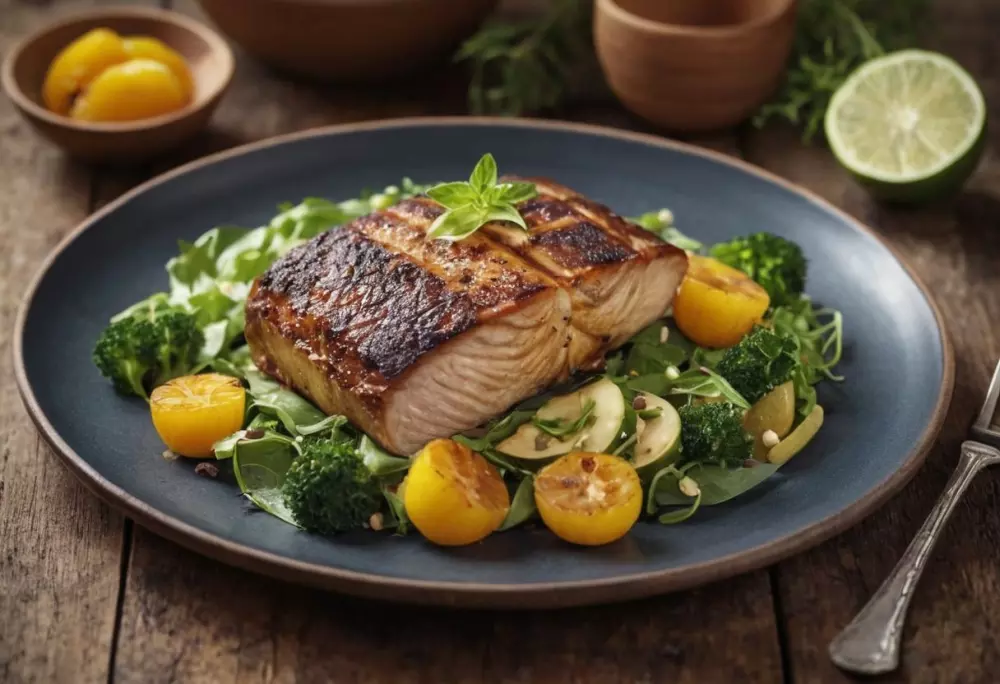 Un plato bellamente presentado de una deliciosa comida baja en calorías, servido en un elegante plato con guarniciones, colocado en una mesa de madera rústica, resaltando el atractivo de la alimentación saludable. Estilo fotográfico realizado a través de fotografía de alta resolución con iluminación suave y natural.