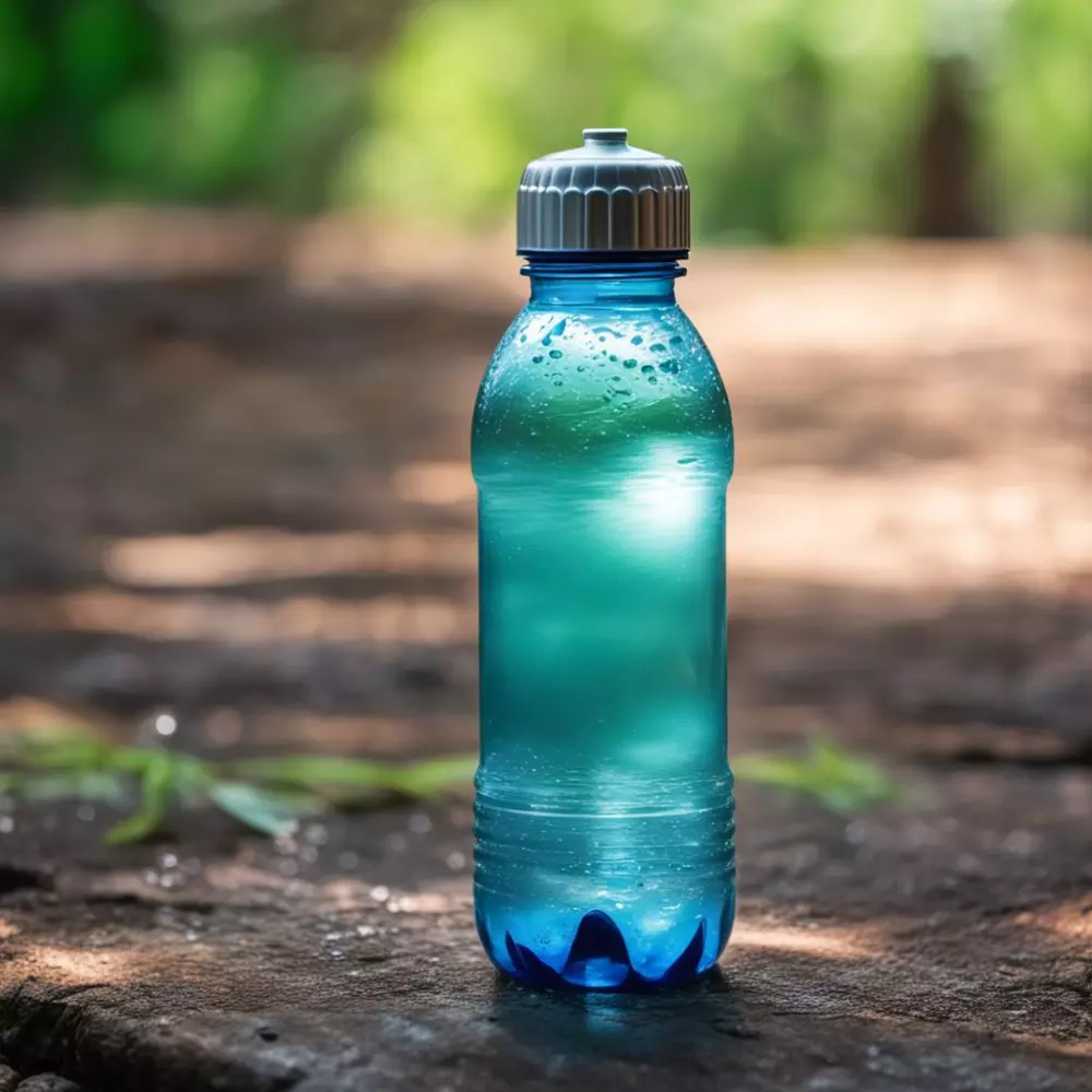 Water bottle with a drop of water, a clean, refreshing image, blurred nature background, Photographic, high-resolution digital image with sunlight glares.
