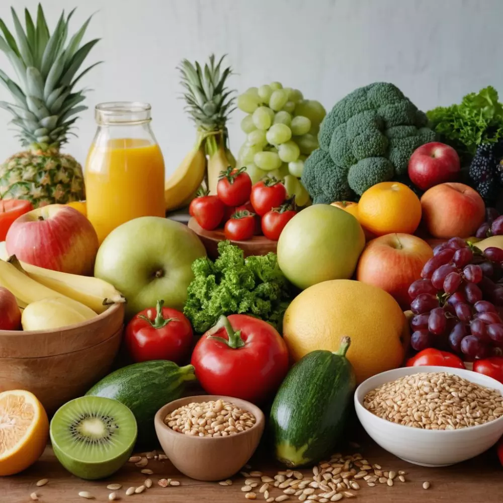 Vielfalt an gesunden Lebensmitteln auf einem Tisch, Fokus auf Obst, Gemüse und Getreide, lebendige und ansprechende Anordnung, Fotografie, hochauflösende Fotos mit natürlichem Licht, um die Lebensmittel verlockend aussehen zu lassen.