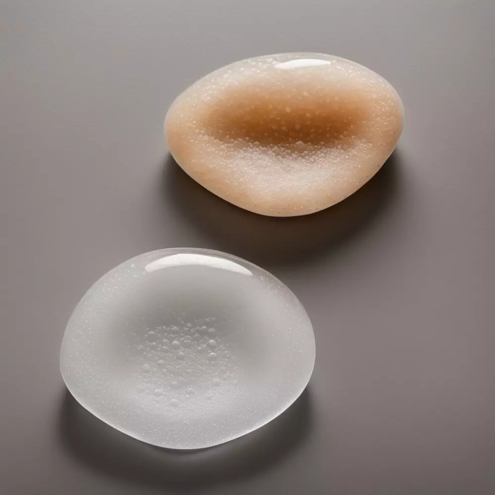 Dos tipos de implantes mamarios, de suero y de silicona, uno al lado del otro en un fondo neutral, resaltando sus diferencias en apariencia y textura, con un ambiente claro, informativo y neutral. La fotografía se realizó como una imagen detallada de estudio con iluminación neutral y enfoque nítido.