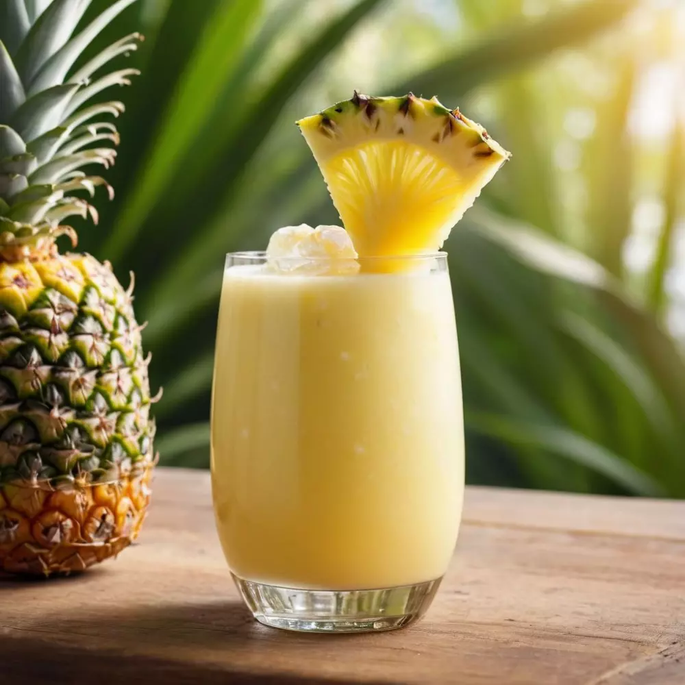 Un batido de piña fresca en un vaso transparente, adornado con una rodaja de piña en el borde, colocado sobre una mesa de madera, con un fondo soleado y tropical, en una toma de primer plano de alta resolución con iluminación natural.