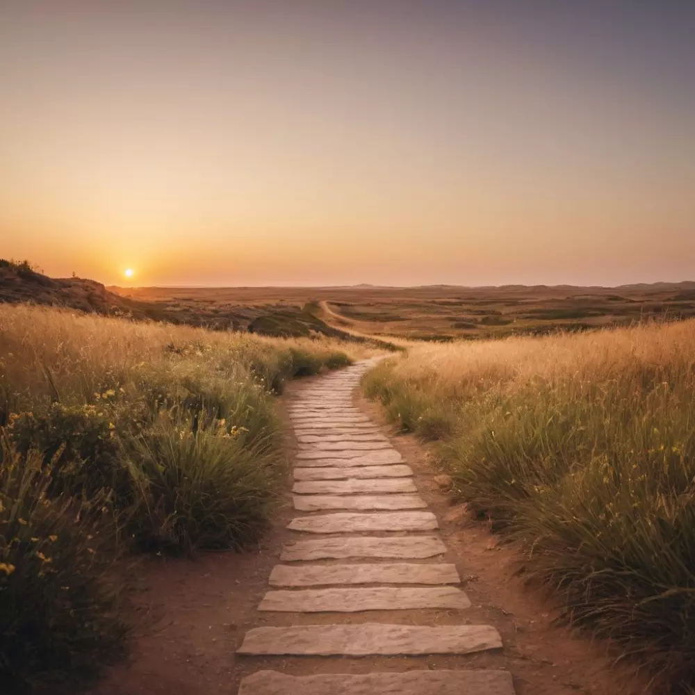 Eine ruhige, friedliche Landschaft mit einem Weg, der in die Ferne führt, symbolisiert die Reise und die Wartezeit, im Freien fotografiert mit einem Weitwinkelobjektiv, goldenem Sonnenuntergangslicht und einem klaren Horizont.