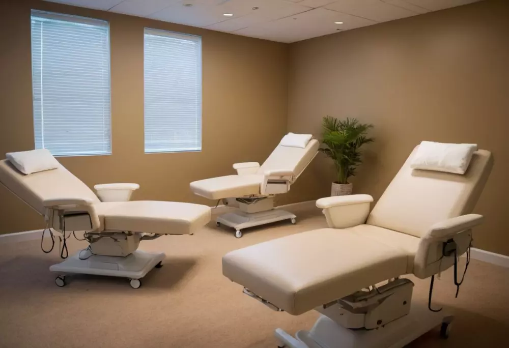 Una sala de recuperación tranquila con cómodas sillas reclinables y una iluminación suave, creando un ambiente relajante para los pacientes. Fotografía detallada con luz ambiental.