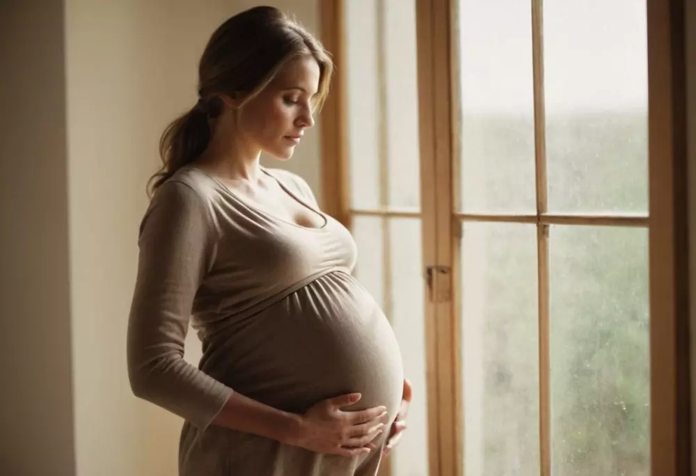 Ein ruhiges Bild einer schwangeren Frau, die sanft ihren Bauch berührt, steht an einem Fenster mit weichem natürlichem Licht, das Hoffnung und Ruhe vermittelt, fotografisch, in hoher Auflösung und mit weichem Fokus.