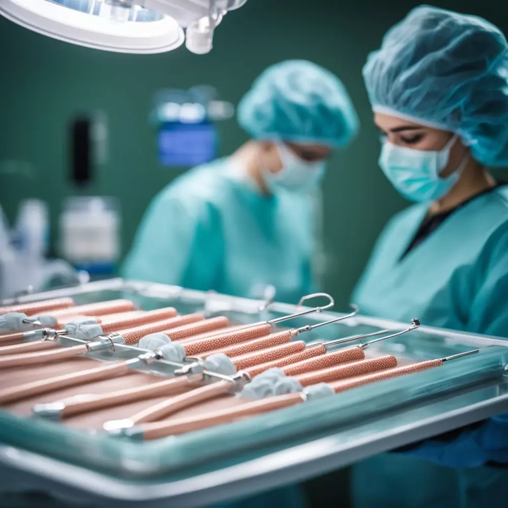 Set of liposuction cannulas on sterile tray, well-lit operating room, close-up, Photographic, Captured with sharp focus and studio lighting.