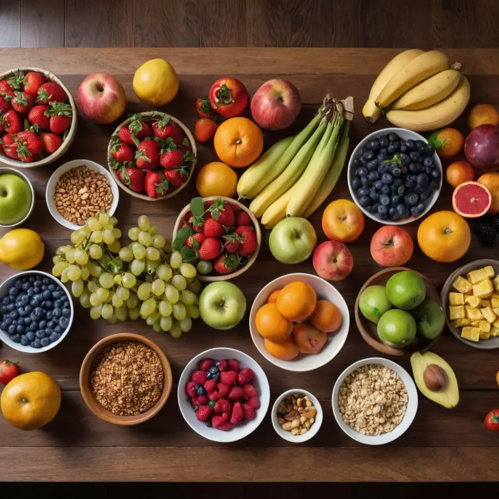 Table filled with nutritious foods for recovery, a variety of fruits, vegetables, and proteins neatly arranged on a kitchen table, emphasizing health and nutrition, Photographic, Top view with vibrant colors.