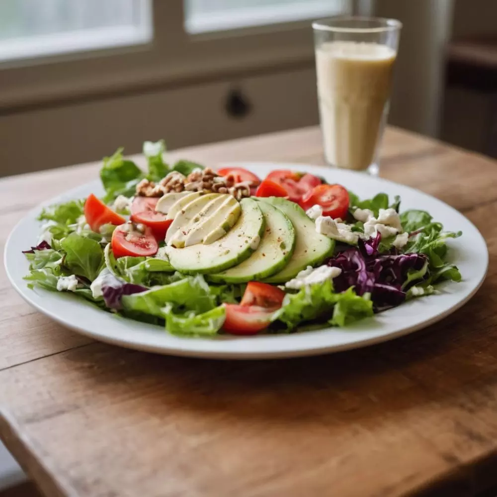 Ein geteiltes Bild, das einen gesunden Shake auf der einen Seite und einen Teller frischen Salat auf der anderen Seite zeigt, beide auf einem Holztisch platziert. Das Bild ist hell und lädt zum Vergleich ein, fotografisch, in hoher Auflösung, mit scharfem Fokus.