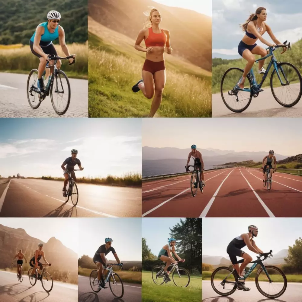 Collage verschiedener Menschen, die verschiedene Sportarten wie Laufen, Schwimmen und Radfahren betreiben, in dynamischen Outdoor-Umgebungen, die Energie und Vielfalt zeigen, Fotografie mit einem Weitwinkelobjektiv, das lebendige Farben im natürlichen Licht einfängt.