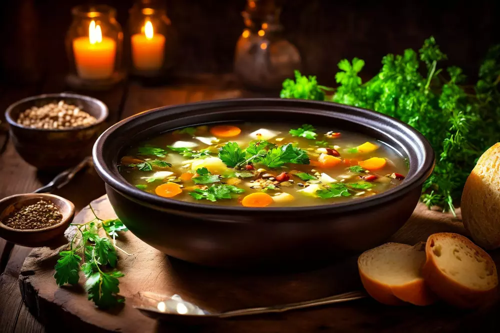 Eine rustikale Schüssel mit nahrhafter Suppe, randvoll mit Gemüse und Kräutern, auf einem Holztisch mit einem Löffel an der Seite, in einer gemütlichen, warm beleuchteten Umgebung, die Behaglichkeit und Gesundheit vermittelt. Fotografie, Nahaufnahme und warme Beleuchtung.