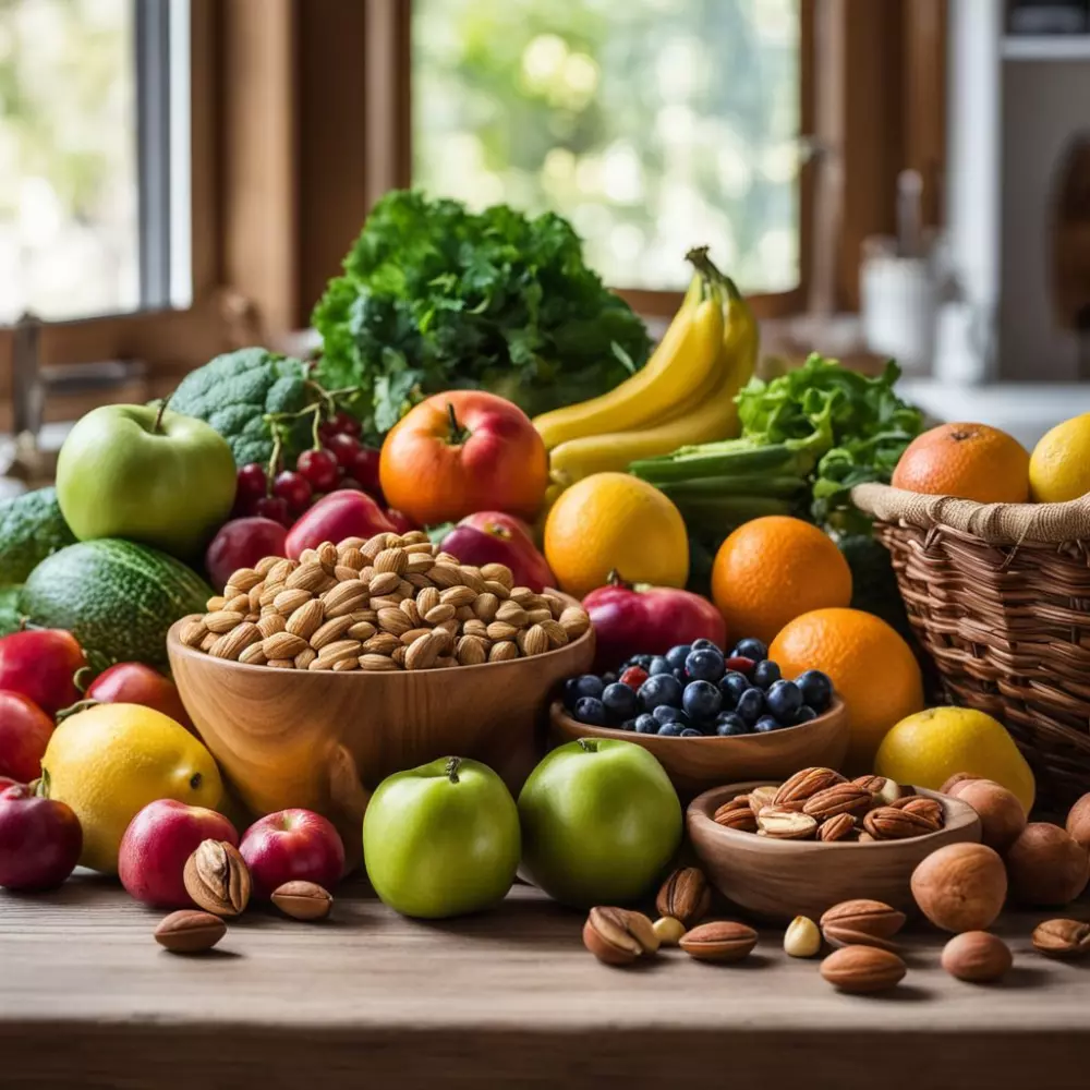 Frische Früchte, Gemüse und Nüsse ordentlich auf einem Holztisch arrangiert, symbolisieren gesunde Ernährung, in einer hellen, luftigen Küchenumgebung. Fotografisches, hochauflösendes Bild mit natürlichem Licht.