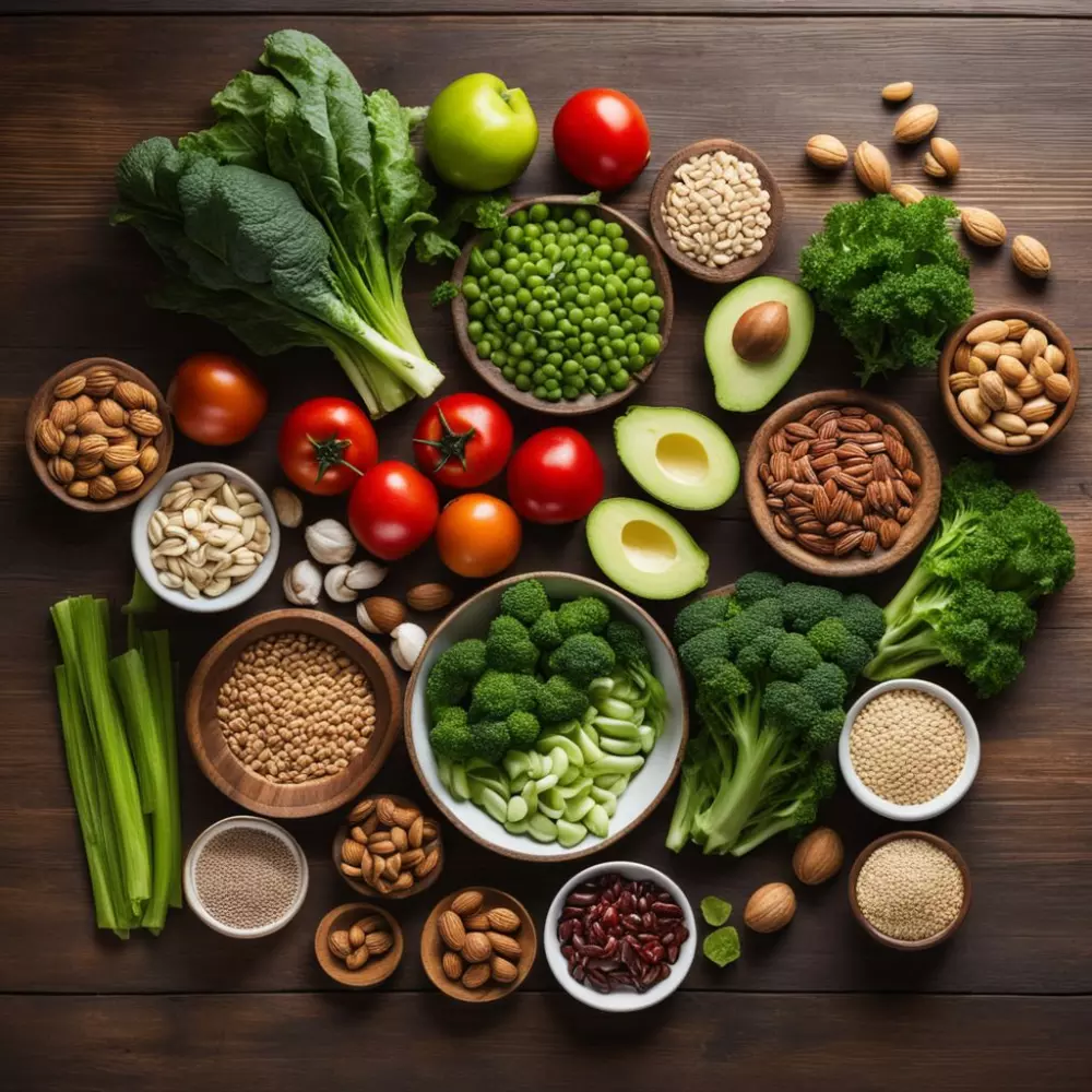 Eine Auswahl gesunder Lebensmittel wie grünes Gemüse, Nüsse und Samen, ordentlich auf einem Holztisch arrangiert, frisch und natürlich, fotografisch festgehalten, Fotografie mit natürlichem Licht und Nahaufnahme.