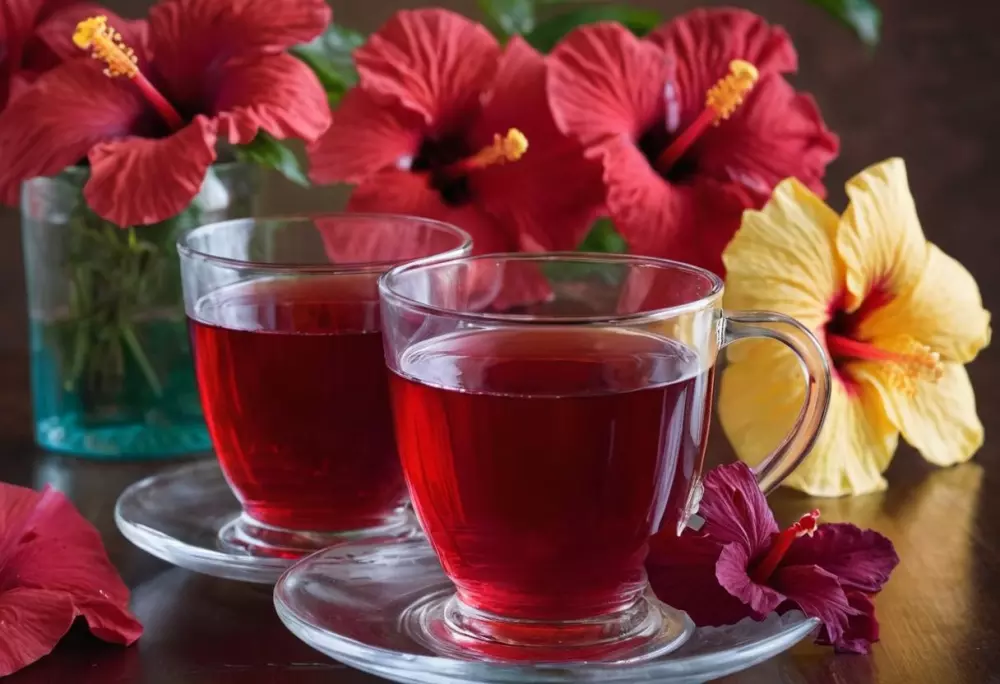 Flores vibrantes de hibisco junto a una taza de cristal de té de hibisco rojo intenso, colocadas sobre un fondo sencillo para resaltar el llamativo contraste de colores, Estilo fotográfico con un enfoque en colores vivos y claridad.