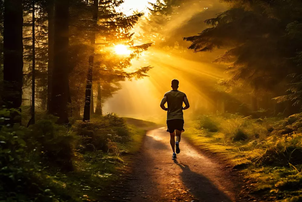 Eine Person joggt auf einem Waldweg während des Sonnenaufgangs, was aktive Fettverbrennung symbolisiert, in einer friedlichen, energiegeladenen Umgebung. Fotografie mit einem Weitwinkelobjektiv, das den goldenen Sonnenaufgang und das üppige Grün einfängt.