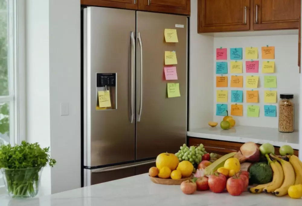 Eine bunte Anordnung von gesunden Lebensmitteln mit motivierenden Notizzetteln am Kühlschrank in einer hellen Küche, die eine positive und ermutigende Umgebung vermittelt. Fotografiert in einer Nahaufnahme mit hoher Auflösung.
