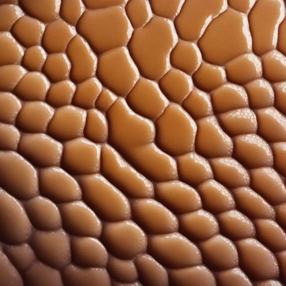 Nahaufnahme menschlicher Haut, die Cellulite-Struktur zeigt, detaillierte Ansicht der Dellenhaut an einem Oberschenkel oder Gesäß, unter sanftem natürlichem Licht in klinischer Umgebung, Fotografie, Aufnahme mit Nahaufnahme durch ein Makroobjektiv, um die detaillierte Hautstruktur einzufangen.