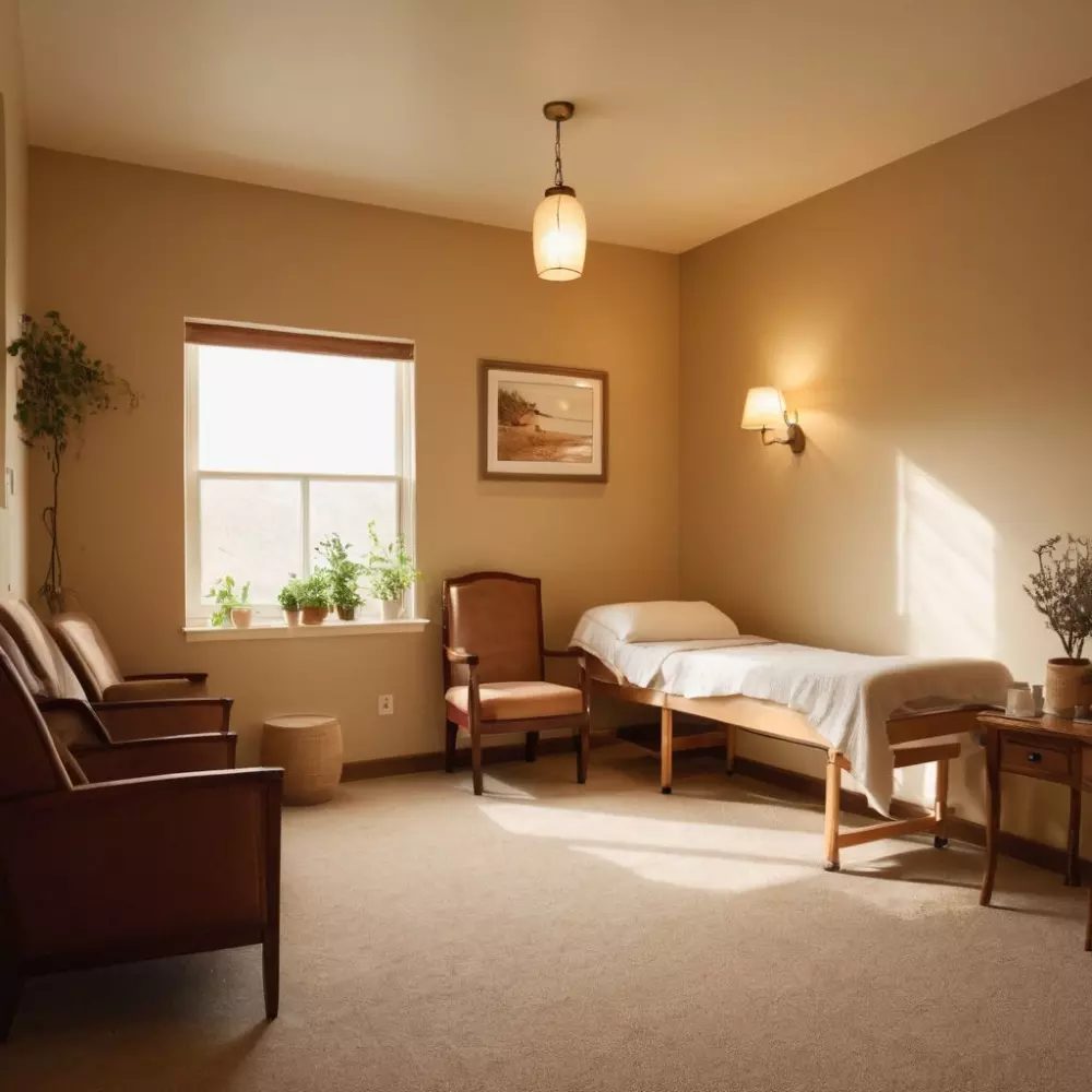 A cozy, well-lit recovery room with comforting amenities, showing a peaceful and quiet recovery environment, in a Photographic style, captured with soft natural lighting and detailed room setting.
