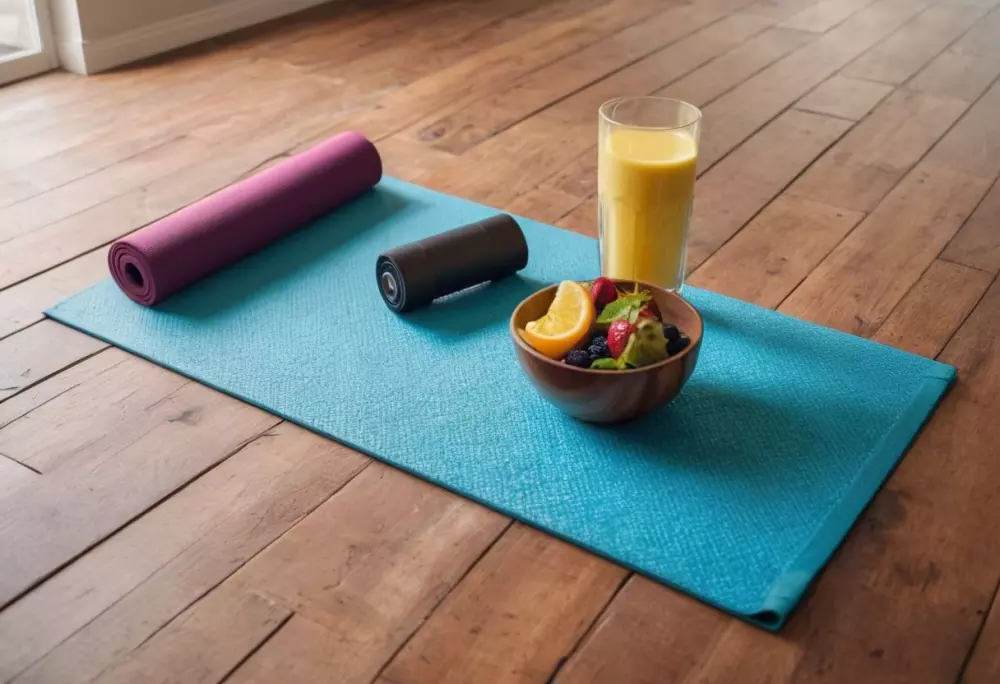 Eine Auswahl an gesunden Werkzeugen zum Abnehmen wie eine Yogamatte, Smoothies und ein Fitnesstracker auf einem Holzboden, in einer hellen, inspirierenden Umgebung, aufgenommen in einem professionellen fotografischen Stil mit einem Weitwinkelobjektiv.
