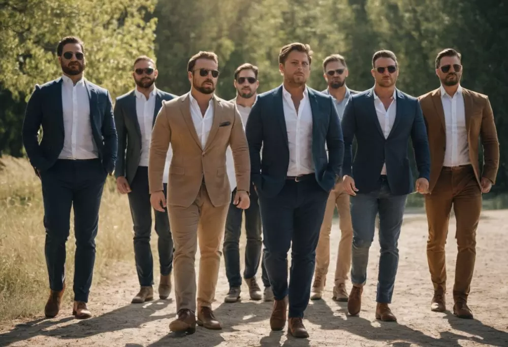 Gruppe selbstbewusster Männer verschiedener Körpertypen steht zusammen, im Freien, sonniger Tag, hohe Auflösung, professionell.