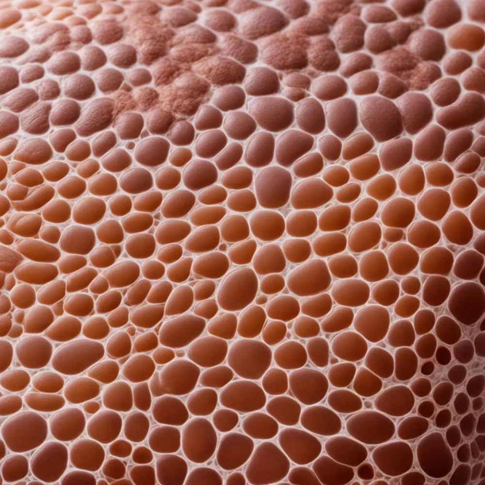 Primer plano de la piel humana mostrando características de celulitis adiposa, centrándose en la textura y los hoyuelos, capturado al aire libre bajo la luz natural, utilizando un lente macro para obtener alta definición y claridad en un estilo fotográfico realista.