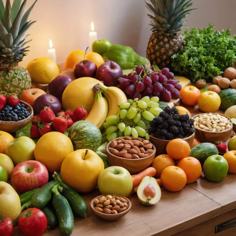 Eine bunte Darstellung verschiedener gesunder Lebensmittel wie Obst, Gemüse und Nüsse, ordentlich auf einem lebendigen Tisch angeordnet, unter hellem und fröhlichem Licht, fotografisch festgehalten mit einer 35mm Linse und Einstellungen für hohe Auflösung.