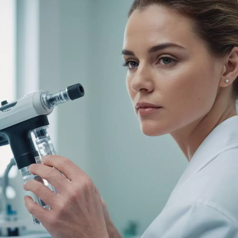 Una vista en primer plano de un profesional de la salud preparando equipo de mesoterapia en un entorno clínico bien iluminado, con enfoque en la pistola de mesoterapia y los viales. Fotografía capturada con un lente macro para obtener una textura detallada del equipo.
