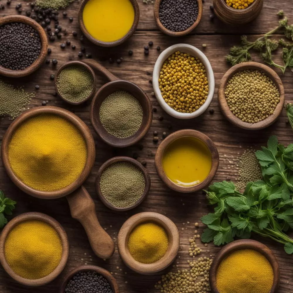 Nahaufnahme von Senfkörnern, Kräutern und ätherischen Ölen auf einer Holzoberfläche, die die natürlichen und rohen Zutaten von Senfcreme hervorhebt, im weichen Tageslicht, um die Textur und Farben zu betonen, in einem fotografischen Stil, unter Verwendung einer DSLR-Kamera mit einem Makroobjektiv für detaillierte Bilder.