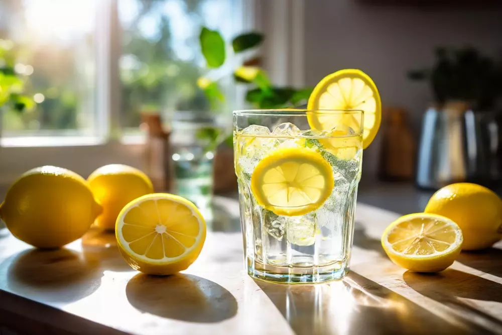 Ein Glas Zitronenwasser mit frischen Zitronenscheiben, Morgenlicht, auf einer Küchentheke, erfrischend und hell, fotografischer Stil, Nahaufnahme mit einem Makroobjektiv und natürlichem Licht.