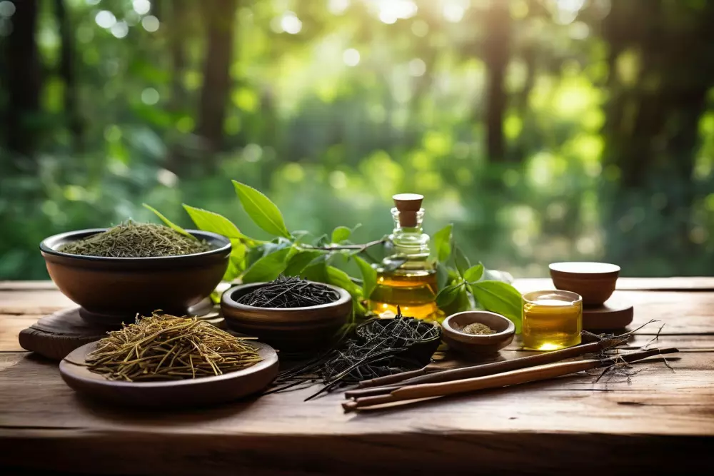Traditionelle chinesische Medizin Kräuter und Akupunkturnadeln liegen auf einem Holztisch, mit einem friedlichen, natürlichen Hintergrund, symbolisieren den ganzheitlichen Ansatz zur Gewichtsabnahme, in einem fotografischen Stil, detailliert und einladend.