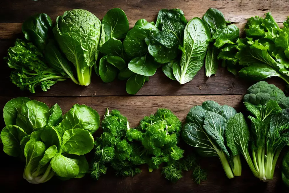 Verschiedene grüne Blattgemüse auf einer rustikalen Holzoberfläche verteilt, frisch und organisch aussehend, fotografisch, Fotografie mit einer Draufsicht und natürlichem Licht.