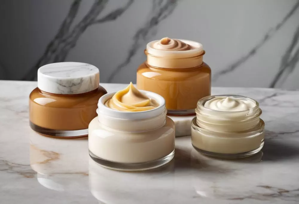 Verschiedene Anti-Cellulite-Cremes in eleganten Behältern, präsentiert auf einer Marmoroberfläche mit luxuriösem und sauberem Aussehen. Fotografie mit einem scharfen Fokusobjektiv, professioneller Studiobeleuchtung und hoher Auflösung.